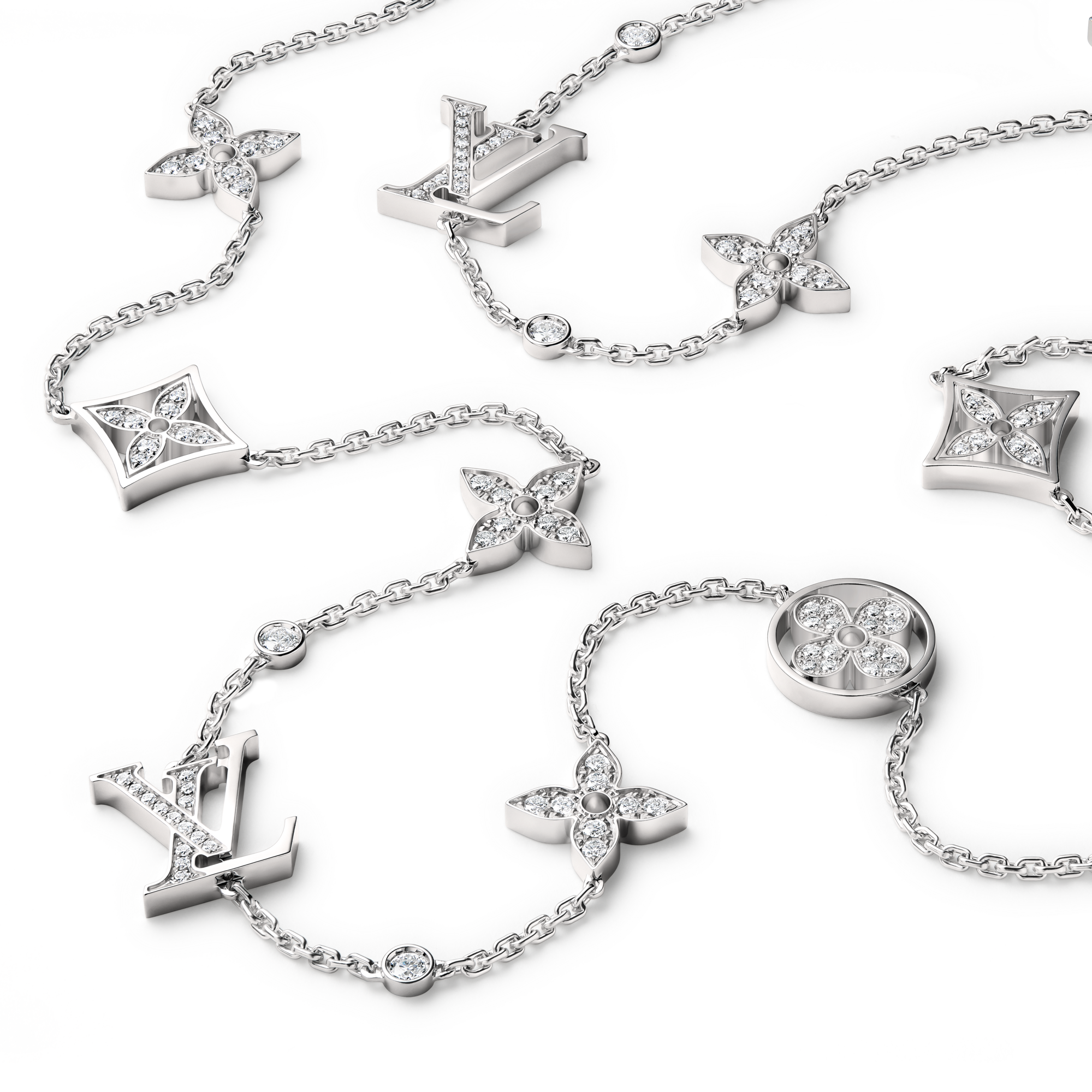 Idylle Blossom Multi-Motif Long Necklace, White Gold and Diamonds